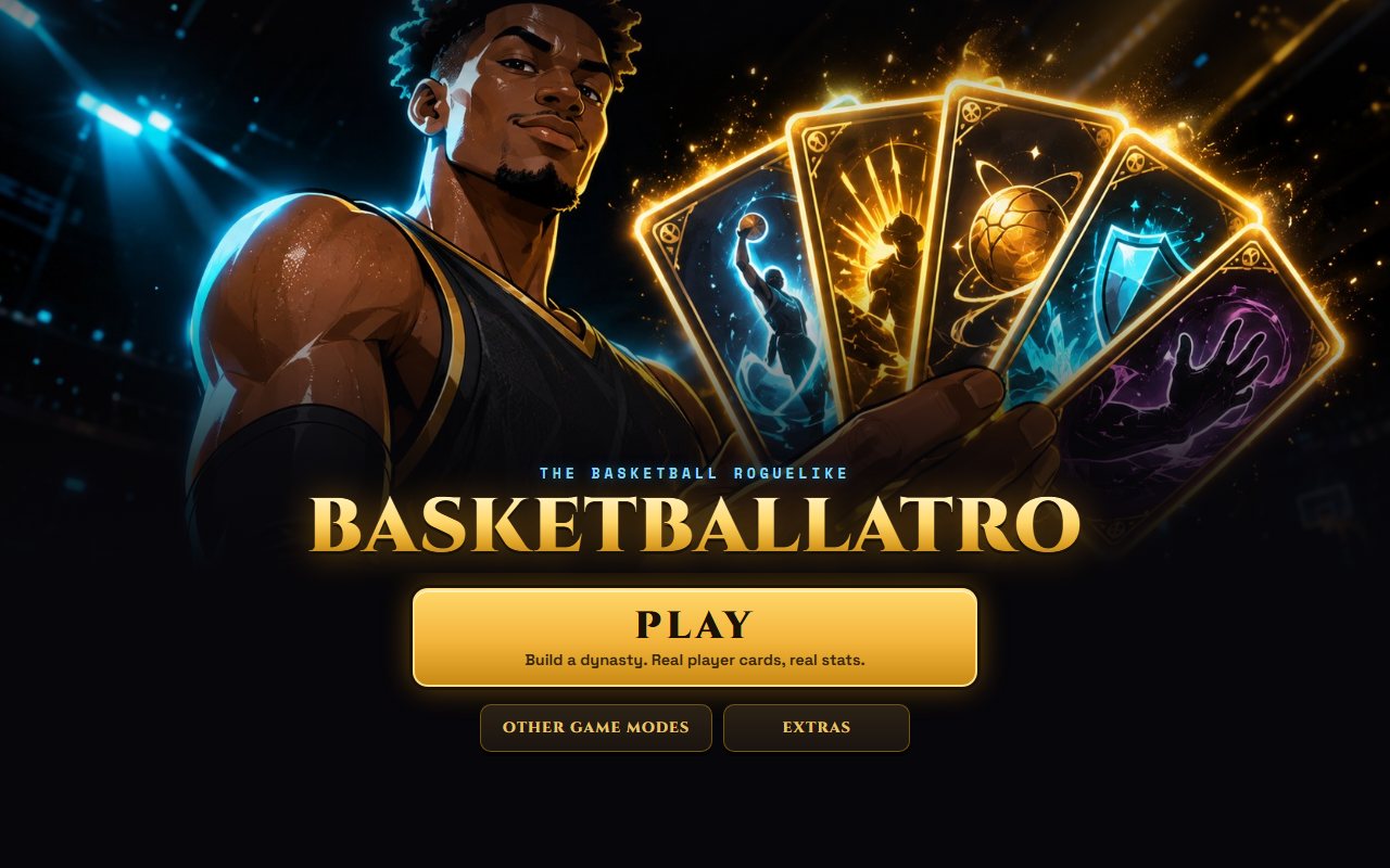 Basketballatro title screen: a fan of glowing player cards and a Play button